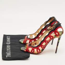 Pre Owned حذاء كعب عالي كريستيان لوبوتان هولا جلد مقطع أحمر/أسود مفتوح من الأمام مقاس 39