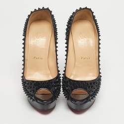Pre Owned Christian Louboutin Black Patent Leather Lady Peep Spikes Pumps Size 38