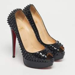 Pre Owned Christian Louboutin Black Patent Leather Lady Peep Spikes Pumps Size 38