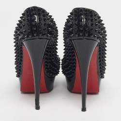 Pre Owned Christian Louboutin Black Patent Leather Lady Peep Spikes Pumps Size 38