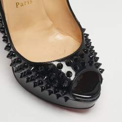 Pre Owned Christian Louboutin Black Patent Leather Lady Peep Spikes Pumps Size 38