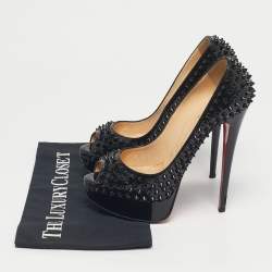 Pre Owned Christian Louboutin Black Patent Leather Lady Peep Spikes Pumps Size 38