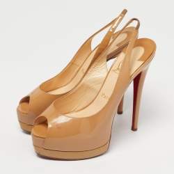 Pre Owned Christian Louboutin Beige Patent Leather Palais Royal Slingback Pumps Size 38