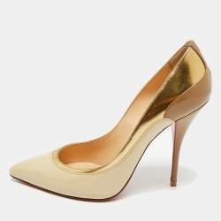 Pre Owned Christian Louboutin Beige/Gold Patent Leather Tucsick Pointed Toe Pumps Size 39
