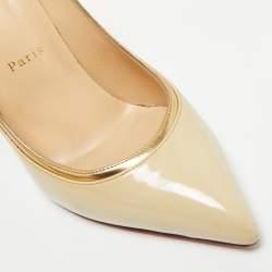 Pre Owned Christian Louboutin Beige/Gold Patent Leather Tucsick Pointed Toe Pumps Size 39