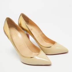 Pre Owned Christian Louboutin Beige/Gold Patent Leather Tucsick Pointed Toe Pumps Size 39