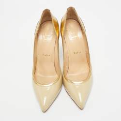 Pre Owned Christian Louboutin Beige/Gold Patent Leather Tucsick Pointed Toe Pumps Size 39
