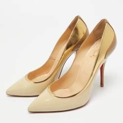 Pre Owned Christian Louboutin Beige/Gold Patent Leather Tucsick Pointed Toe Pumps Size 39