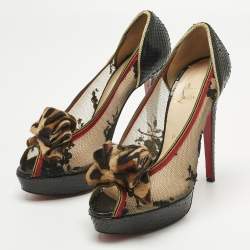 Pre Owned Christian Louboutin Multicolor Lace and Python Leather Calf Hair Bow Peep Toe Platform Pumps Size 38.5