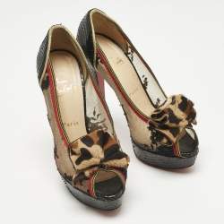 Pre Owned Christian Louboutin Multicolor Lace and Python Leather Calf Hair Bow Peep Toe Platform Pumps Size 38.5