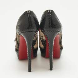 Pre Owned Christian Louboutin Multicolor Lace and Python Leather Calf Hair Bow Peep Toe Platform Pumps Size 38.5