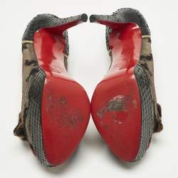 Pre Owned Christian Louboutin Multicolor Lace and Python Leather Calf Hair Bow Peep Toe Platform Pumps Size 38.5