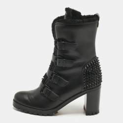 Pre Owned Christian Louboutin Black Leather and Shearing Spike Accents Combat Boots Size 39