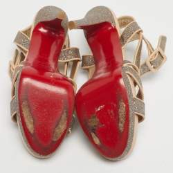 Pre Owned Christian Louboutin Beige/Gold Glitter and Leather Straratata Strappy Platform Sandals Size 37