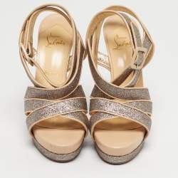 Pre Owned Christian Louboutin Beige/Gold Glitter and Leather Straratata Strappy Platform Sandals Size 37