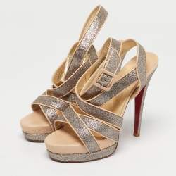 Pre Owned Christian Louboutin Beige/Gold Glitter and Leather Straratata Strappy Platform Sandals Size 37