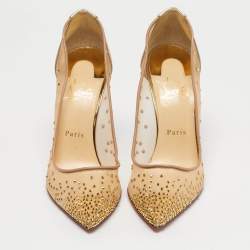 Pre Owned Christian Louboutin Gold Leather and Mesh Follies Strass Pumps Size 39