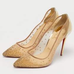 Pre Owned Christian Louboutin Gold Leather and Mesh Follies Strass Pumps Size 39