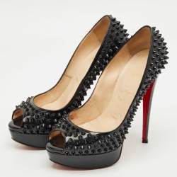 Pre Owned Christian Louboutin Black Patent Lady Peep Toe Spikes Platform Pumps Size 39
