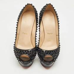 Pre Owned Christian Louboutin Black Patent Lady Peep Toe Spikes Platform Pumps Size 39