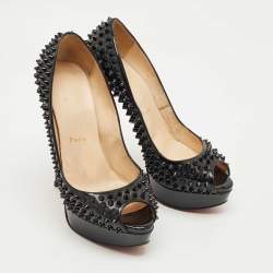 Pre Owned Christian Louboutin Black Patent Lady Peep Toe Spikes Platform Pumps Size 39
