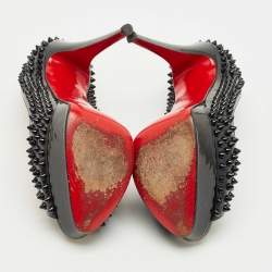 Pre Owned Christian Louboutin Black Patent Lady Peep Toe Spikes Platform Pumps Size 39