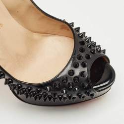 Pre Owned Christian Louboutin Black Patent Lady Peep Toe Spikes Platform Pumps Size 39