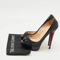 Pre Owned Christian Louboutin Black Patent Lady Peep Toe Spikes Platform Pumps Size 39