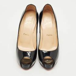 Pre Owned Christian Louboutin Black Patent Leather Very Prive Peep Toe Pumps Size 37
