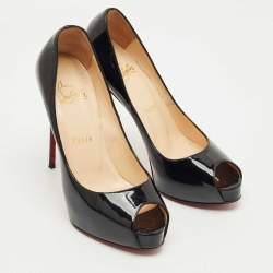 Pre Owned Christian Louboutin Black Patent Leather Very Prive Peep Toe Pumps Size 37