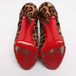 Pre Owned Christian Louboutin Leopard Print Pony Hair Lady Derby Peep Toe Booties Size 40.5