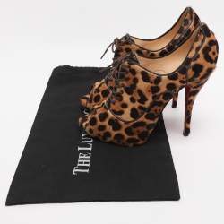 Pre Owned Christian Louboutin Leopard Print Pony Hair Lady Derby Peep Toe Booties Size 40.5