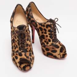 Pre Owned Christian Louboutin Leopard Print Pony Hair Lady Derby Peep Toe Booties Size 40.5
