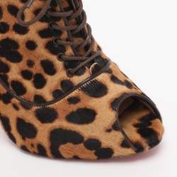 Pre Owned Christian Louboutin Leopard Print Pony Hair Lady Derby Peep Toe Booties Size 40.5