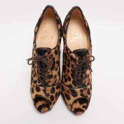 Pre Owned Christian Louboutin Leopard Print Pony Hair Lady Derby Peep Toe Booties Size 40.5