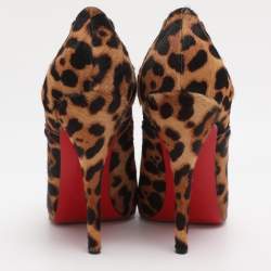 Pre Owned Christian Louboutin Leopard Print Pony Hair Lady Derby Peep Toe Booties Size 40.5