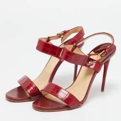 Pre Owned Christian Louboutin Red Alligator Leather Ankle Strap Sandals Size 39.5