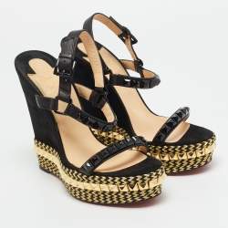 Pre Owned Christian Louboutin Black Suede Studded Cataclou Espadrille Wedge Sandals Size 40