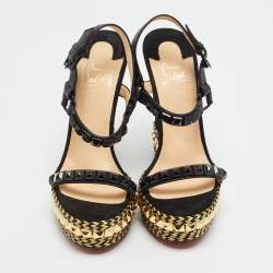 Pre Owned Christian Louboutin Black Suede Studded Cataclou Espadrille Wedge Sandals Size 40
