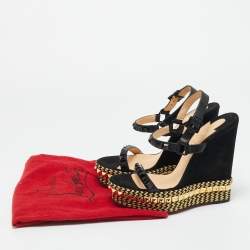 Pre Owned Christian Louboutin Black Suede Studded Cataclou Espadrille Wedge Sandals Size 40
