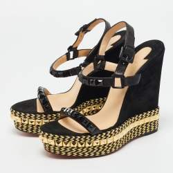 Pre Owned Christian Louboutin Black Suede Studded Cataclou Espadrille Wedge Sandals Size 40