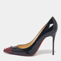 Pre Owned Christian Louboutin Black Patent Leather Geo Spike Studded Cap Toe Pumps Size 40