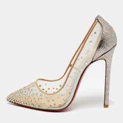 Pre Owned Christian Louboutin Metallic/Beige Mesh and Velvet Follies Strass Pumps Size 38.5