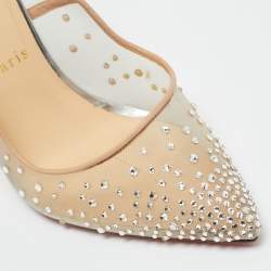 Pre Owned Christian Louboutin Metallic/Beige Mesh and Velvet Follies Strass Pumps Size 38.5