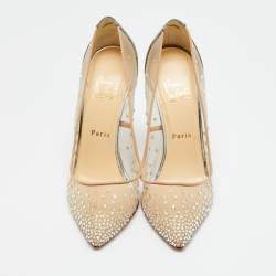Pre Owned Christian Louboutin Metallic/Beige Mesh and Velvet Follies Strass Pumps Size 38.5