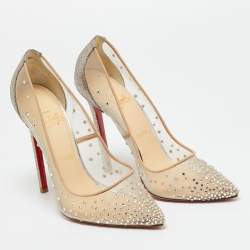 Pre Owned Christian Louboutin Metallic/Beige Mesh and Velvet Follies Strass Pumps Size 38.5