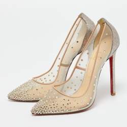 Pre Owned Christian Louboutin Metallic/Beige Mesh and Velvet Follies Strass Pumps Size 38.5