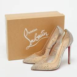 Pre Owned Christian Louboutin Metallic/Beige Mesh and Velvet Follies Strass Pumps Size 38.5