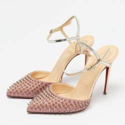 Pre Owned Christian Louboutin Pink/Beige Lurex Fabric and Leather Baila Spike Ankle Strap Pumps Size 36.5
