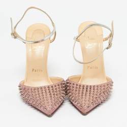 Pre Owned Christian Louboutin Pink/Beige Lurex Fabric and Leather Baila Spike Ankle Strap Pumps Size 36.5